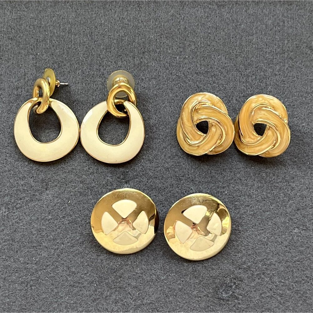 80s Style Gold-Tone and  Shades of Cream Enamel Pierced Earrings, Unmarked